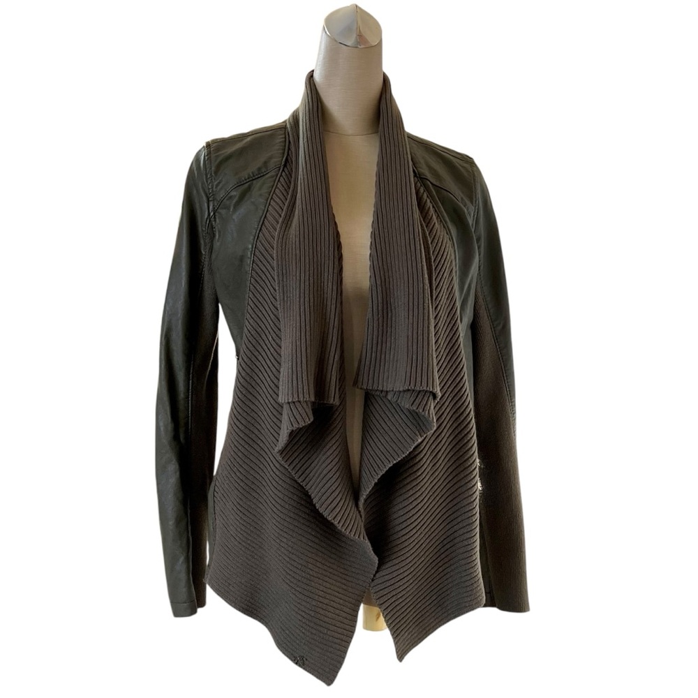 BlankNYC Vegan Leather Moto Jacket Biker Olive Green Knit Drape Front Size Small
